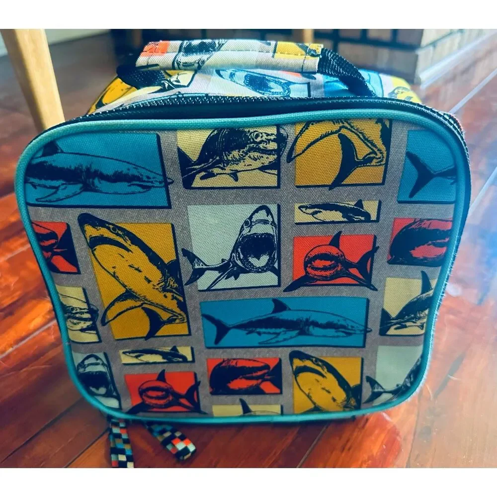 New Whale Print Bag Pack-Lunch Box Set w/ Large rubber Fish Accent Medium size.